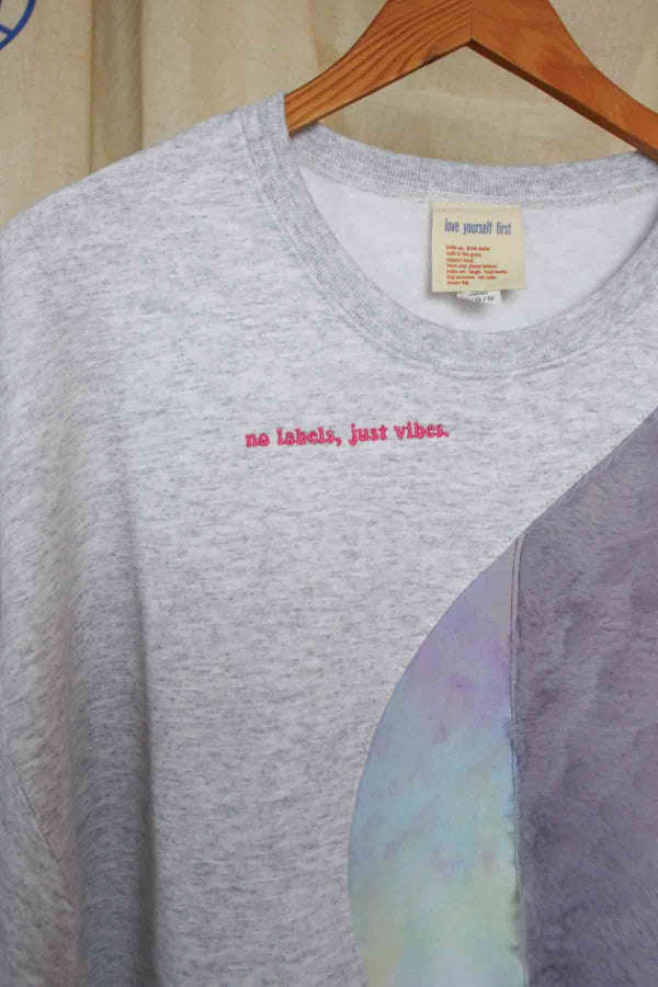 mash up sweater with white, purple and tie dye, upcycled clothing, thrifted fashion