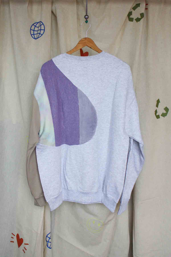 mash up sweater with white, purple and tie dye, upcycled clothing, thrifted fashion