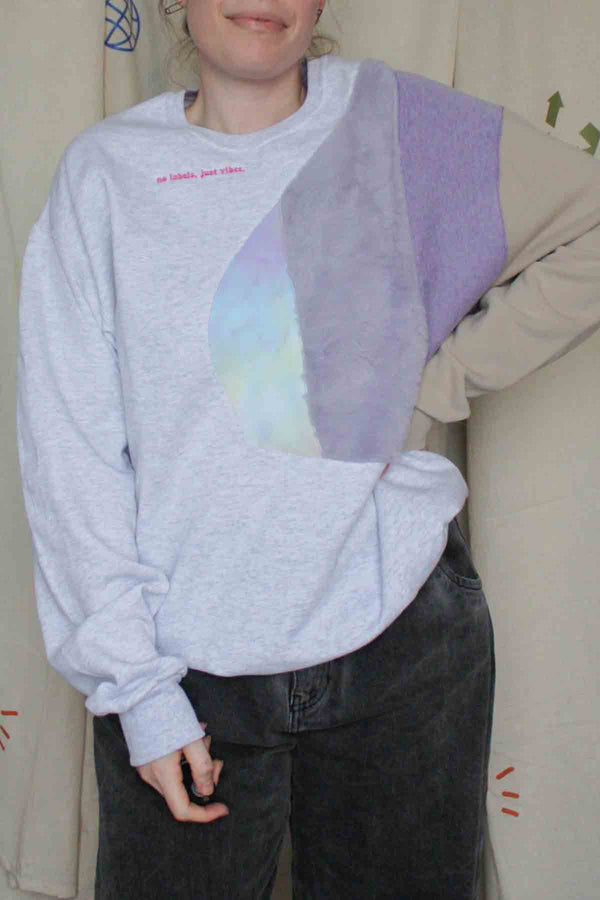 mash up sweater with white, purple and tie dye, upcycled clothing, thrifted fashion