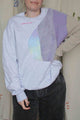 mash up sweater with white, purple and tie dye, upcycled clothing, thrifted fashion