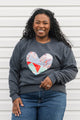 one of a kind quilted heart stitched on charcoal sweater, unisex and oversized fit, hand cut and sewn in canada