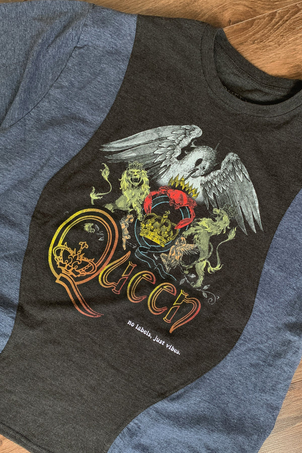 blue and black queen tee, upcycled and repurposed in canada