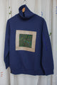 blue turtleneck with green quilt pattern, upcycled clothing, repurposed sweater, no labels, just vibes