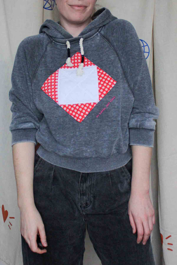 grey quilted crop hoodie, upcycling clothing