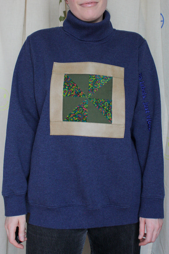 blue turtleneck with green quilt pattern, upcycled clothing, repurposed sweater, no labels, just vibes