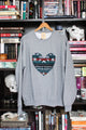 Indigenous blue printed heart on heather grey sweater, unisex and oversized fit, sewn in canada