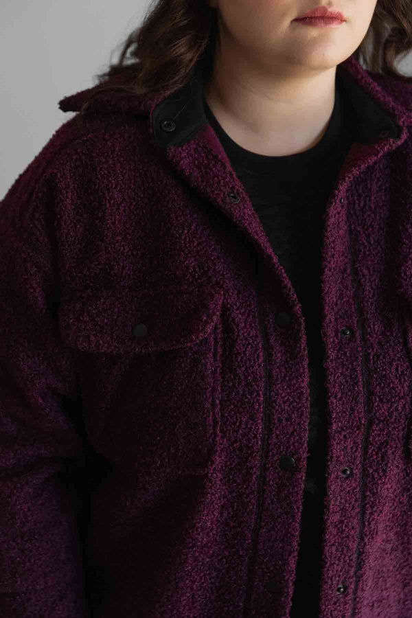 woman wearing plum shacket, with front breast pockets, handmade in Ottawa, Made in Canada
