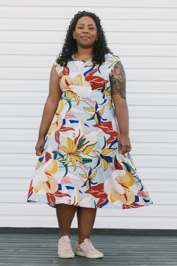 colourful floral print dress, with a-line cut and tea-length skirt. Handmade in Canada