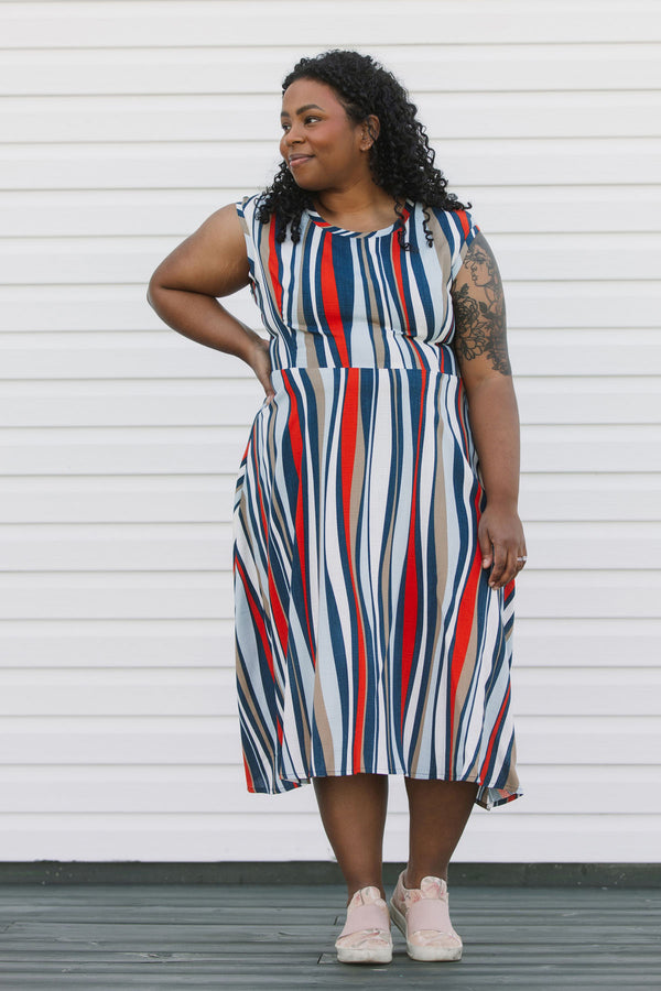 blue, white and orange striped dress with a-line shape and tea-length skirt, handmade in Canada