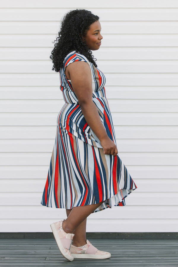 blue, white and orange striped dress with a-line shape and tea-length skirt, handmade in Canada