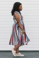 blue, white and orange striped dress with a-line shape and tea-length skirt, handmade in Canada