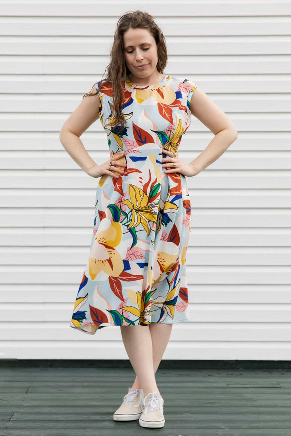 colourful floral print dress, with a-line cut and tea-length skirt. Handmade in Canada