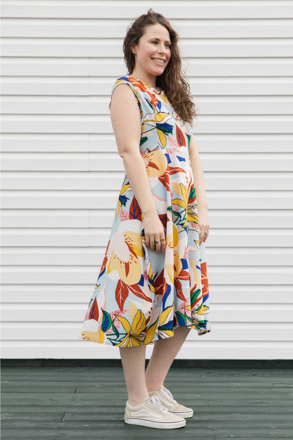 colourful floral print dress, with a-line cut and tea-length skirt. Handmade in Canada