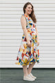 colourful floral print dress, with a-line cut and tea-length skirt. Handmade in Canada