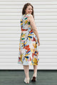 colourful floral print dress, with a-line cut and tea-length skirt. Handmade in Canada