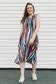 blue, white and orange striped dress with a-line shape and tea-length skirt, handmade in Canada