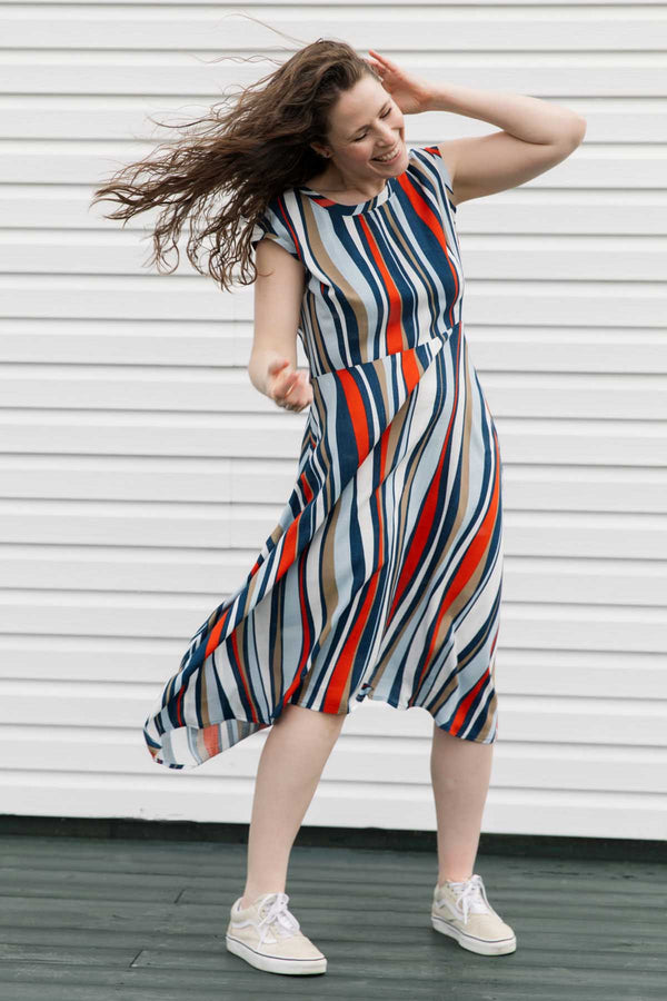 blue, white and orange striped dress with a-line shape and tea-length skirt, handmade in Canada
