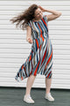 blue, white and orange striped dress with a-line shape and tea-length skirt, handmade in Canada