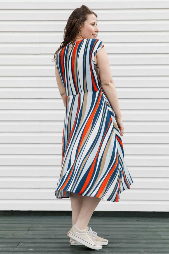 blue, white and orange striped dress with a-line shape and tea-length skirt, handmade in Canada