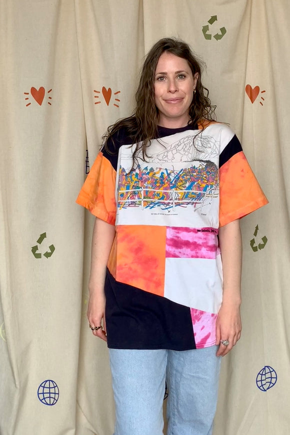 bruce johnson illustration patchwork, orange, pink and white patchwork t-shirt, repurposed and upcycled in canada