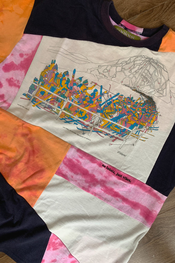 bruce johnson illustration patchwork, orange, pink and white patchwork t-shirt, repurposed and upcycled in canada