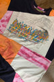 bruce johnson illustration patchwork, orange, pink and white patchwork t-shirt, repurposed and upcycled in canada