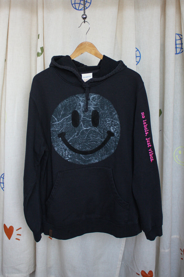 smiley face sweater, upcycled clothing, repurposed fabric, embroidered with no labels, just vibes