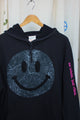 smiley face sweater, upcycled clothing, repurposed fabric, embroidered with no labels, just vibes