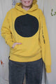yellow hoodie with black smiley face on it, upcycled clothing