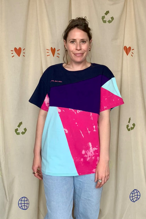 navy, purple, pink and teal upcycled and repurposed in canada, featuring st. thomas image in the back