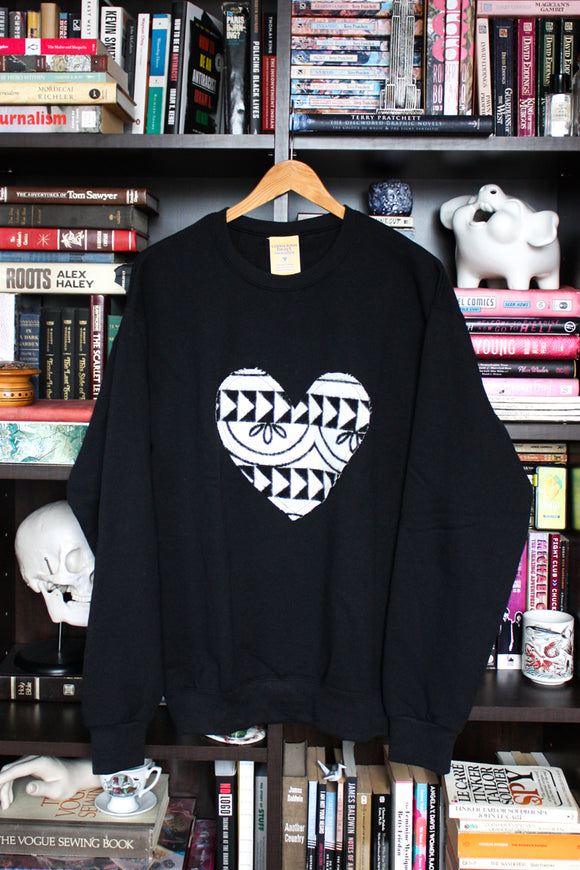 black and white heart, heart sweater, upcycling fabric, repurposing fabric, sewn in canada