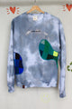 dyed sweater with patchwork cut outs, green and blue patches, upcycled in canada