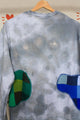 dyed sweater with patchwork cut outs, green and blue patches, upcycled in canada