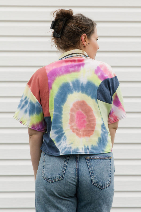 tie dye polo with pops of colour upcycled in canada