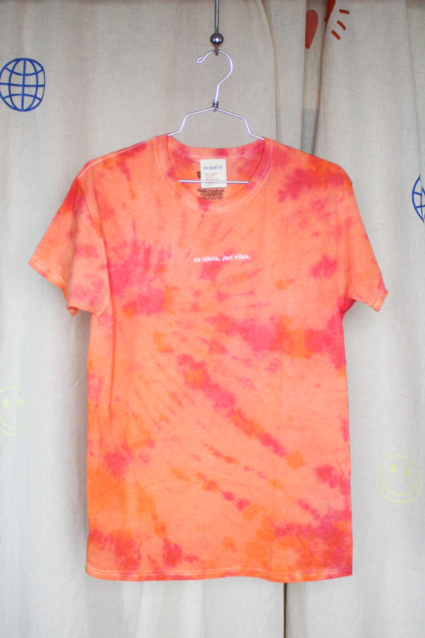 orange tie dyed tee, thrifted clothing, upcycled fashion, no labels, just vibes
