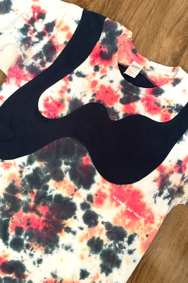 cotton and navy tie dye tee, upcycled and repurposed in canada
