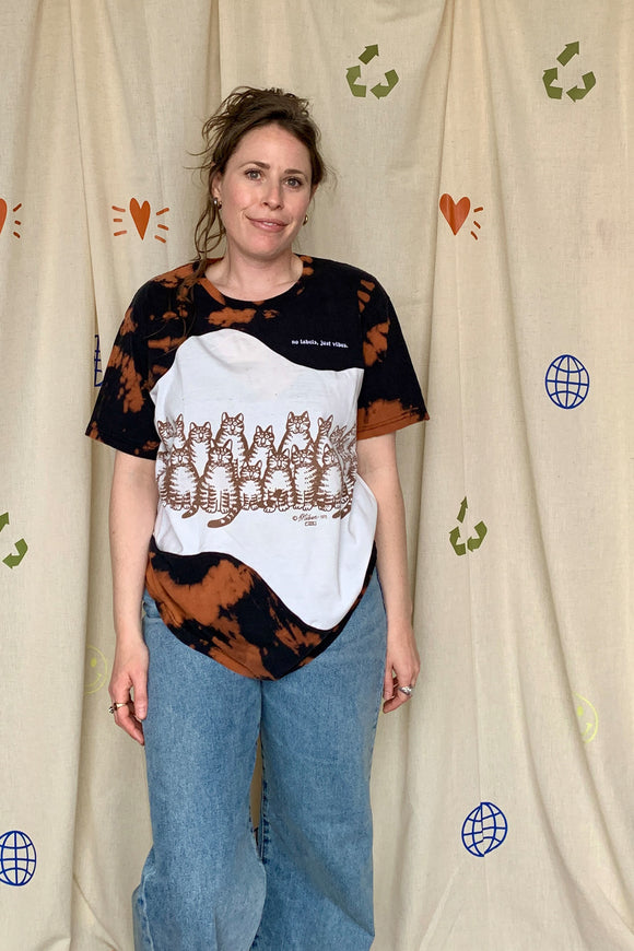 black bleached tee with cute cat graphic, upcycled and repurposed in canada
