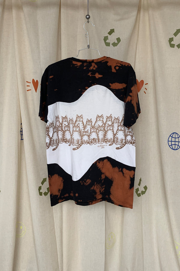 black bleached tee with cute cat graphic, upcycled and repurposed in canada
