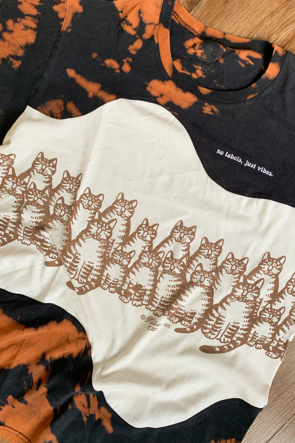 black bleached tee with cute cat graphic, upcycled and repurposed in canada