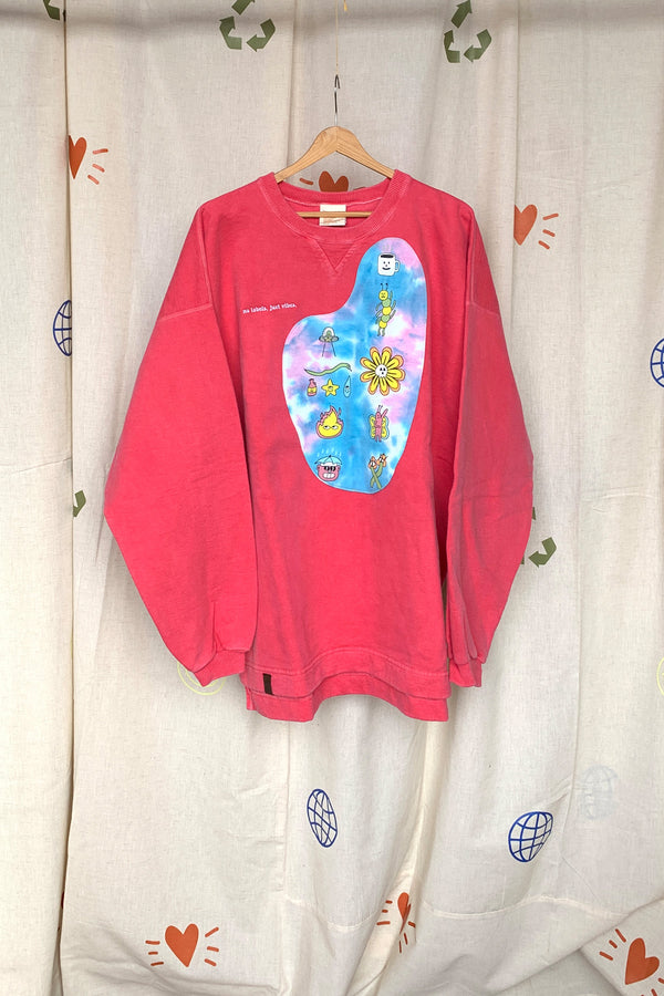 pink upcycled sweater with tie dyed front featuring cute drawings, repurposed in canada