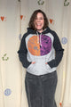 upcycled grey hoodie featuring colourful orange and purple motif, repurposed in canada