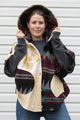 oversized upcycled quilted poncho, made from scrap fabric, yellow quilt with burgundy patterned fabric, repurposed in canada