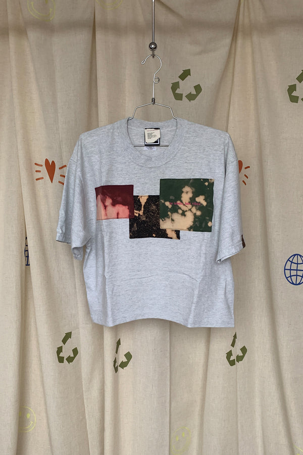 grey tee with bleached patches, upcycled and repurposed in canada