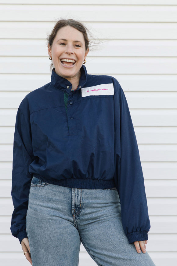 navy pullover windbreaker with quilting detail both front and back, upcycled in canada