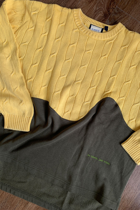 upcycled green and yellow knit sweater, repurposed in canada