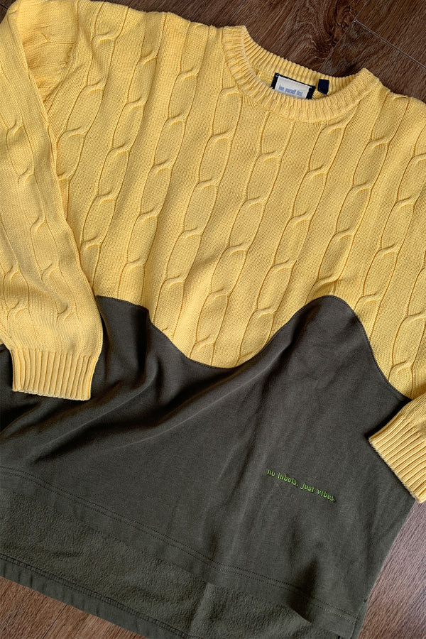 upcycled green and yellow knit sweater, repurposed in canada