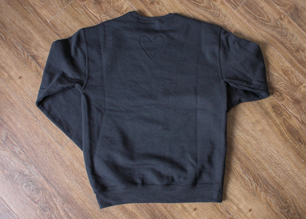 black detail, smaller heart stitched, heart sweater