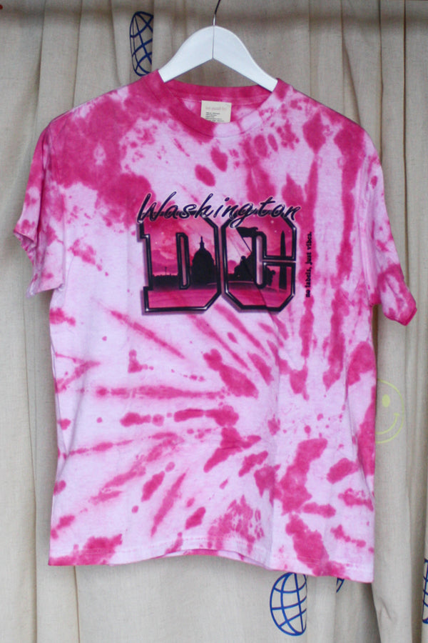 pink tie dyed washing DC tee, upcycled clothing, embroidered details, secondhand clothing