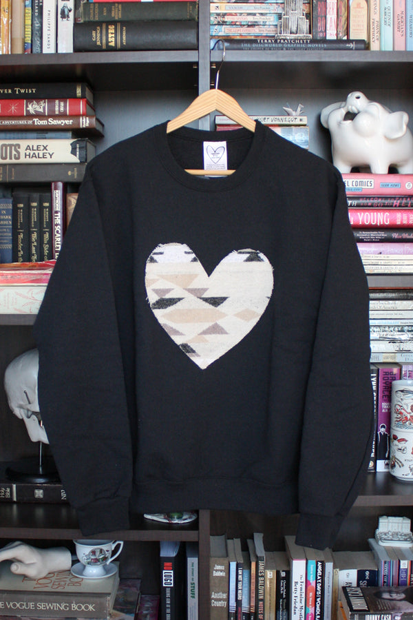 mini tipi scrap fabric heart sweater, upcycled oversized sweater, hand stitched in ottawa