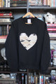 mini tipi scrap fabric heart sweater, upcycled oversized sweater, hand stitched in ottawa